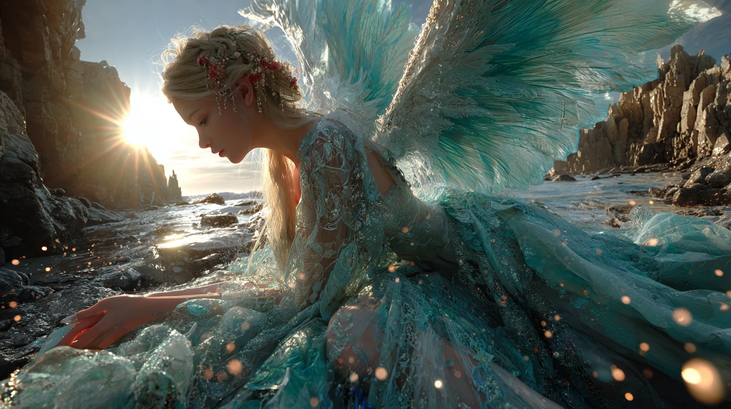 Ethereal angel reclining on a rocky shore at sunset