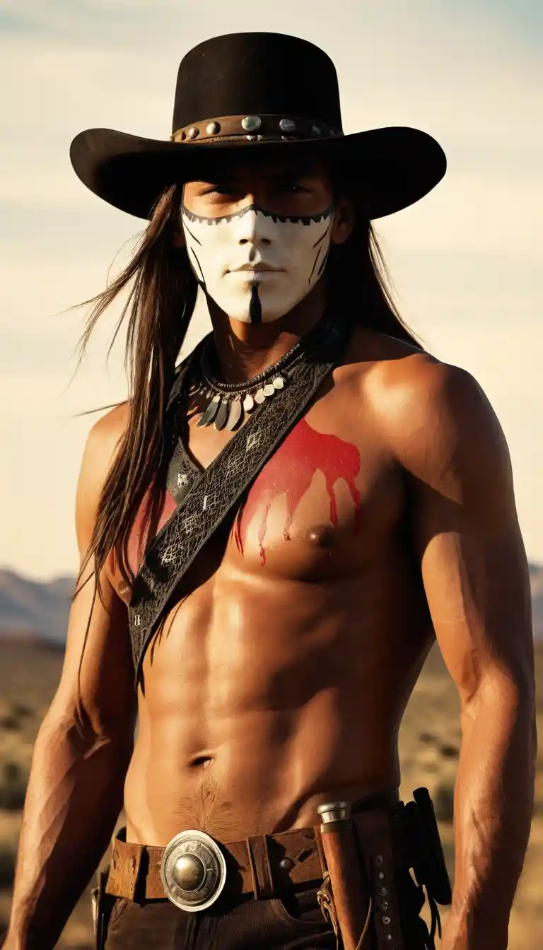 Junger Mann mit Kriegsbemalung in Wildwest-Landschaft