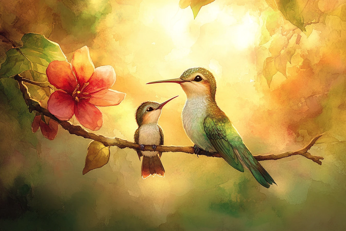 Colibri mère avec son oisillon sur une branche à l’heure dorée