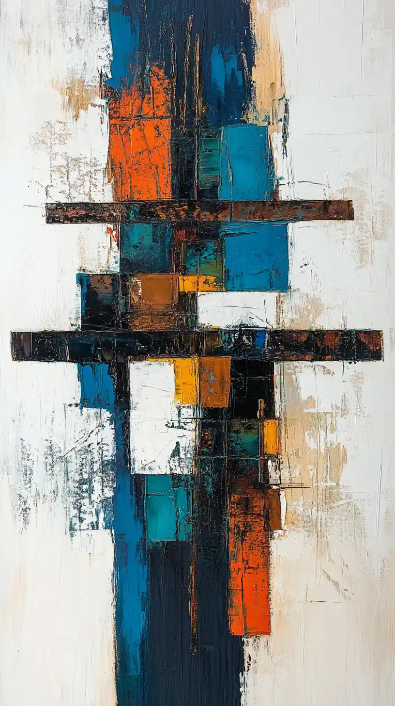 Pintura abstrata texturizada com formas geométricas e círculo escuro