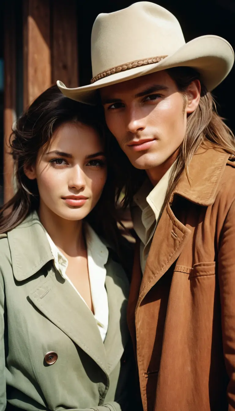 Romantic cowboy couple close up portrait at night