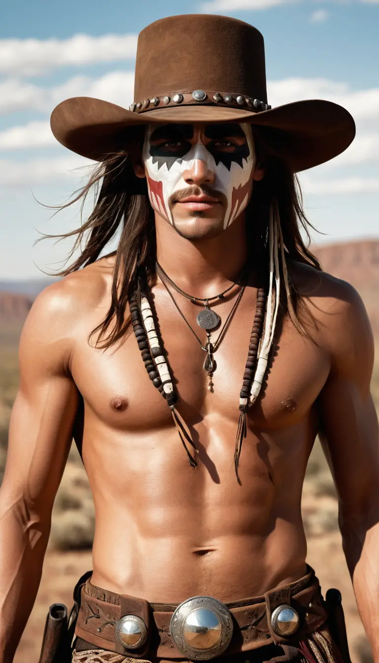Young man in wild west portrait with war paint