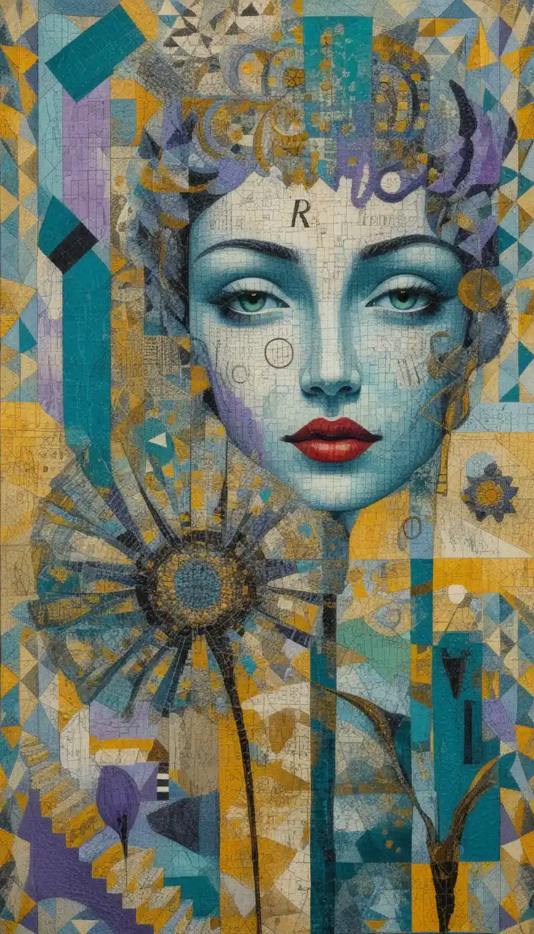 Abstract female portrait woven with colorful mathematical equations