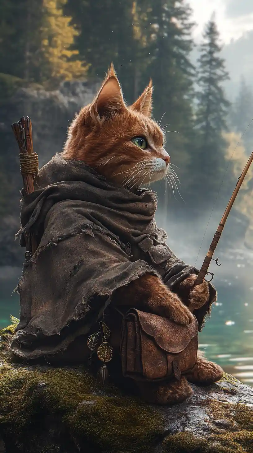 Gato pescador majestuoso descansando junto a un tranquilo lago de montaña