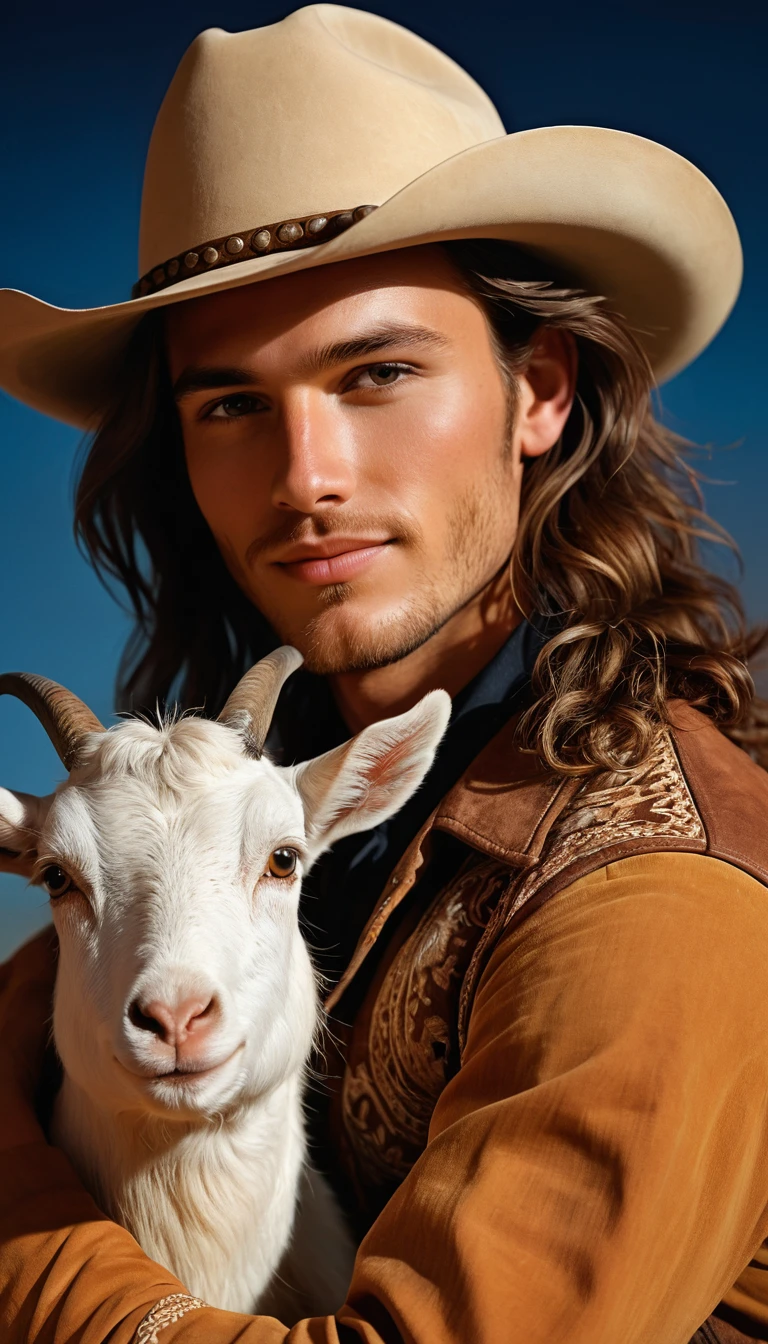 Retrato em close de um jovem segurando um cabrito