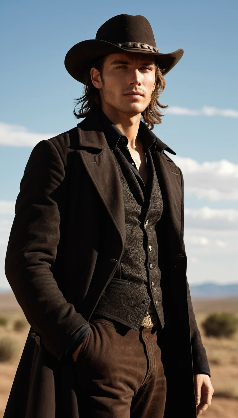 Ritratto seducente di cowboy in una classica ambientazione del Far West