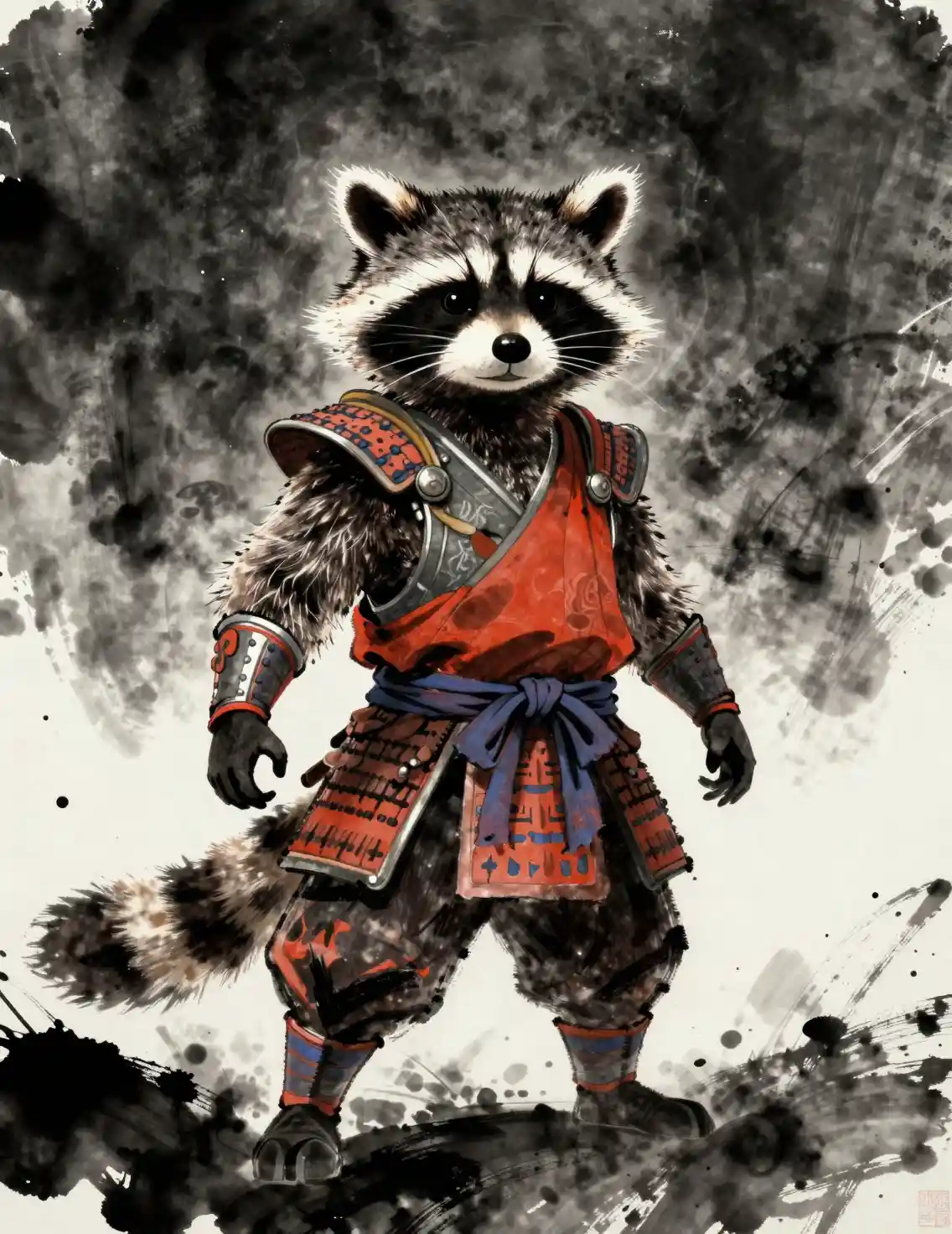 Guerreiro guaxinim samurai ilustrado no profundo espaço sideral