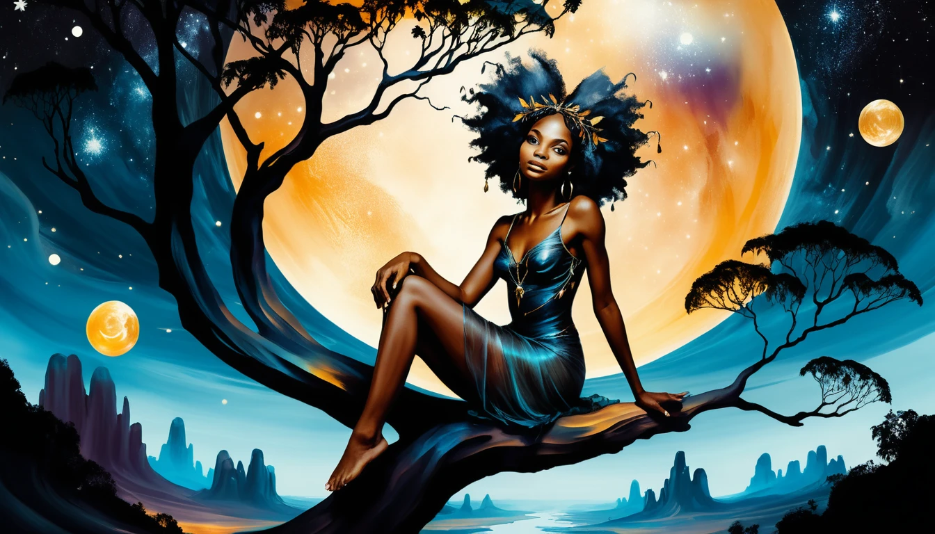 Black fairy woman resting in a tree on a mystical planet
