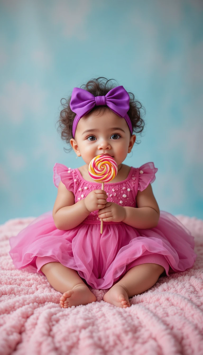 Baby girl with giant lollipop on pastel pink blanket