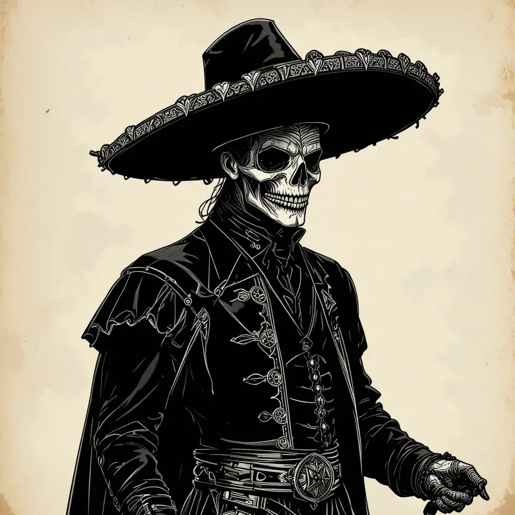 Mariachi fantástico con máscara de calavera sobre papel envejecido