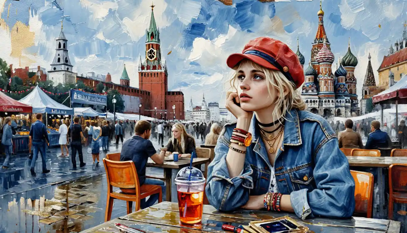 Pensive blonde girl at a busy city square cafe table