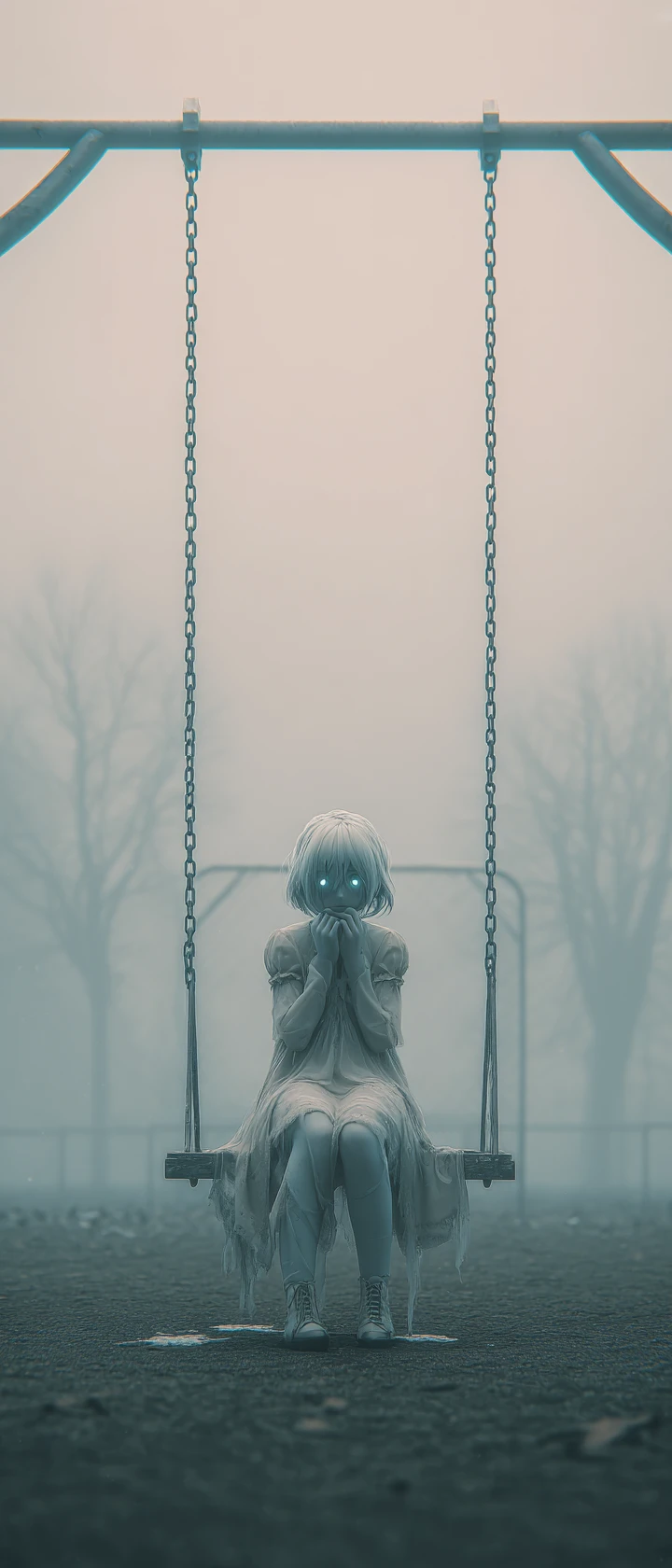 Ghost child on swing in foggy anime playground
