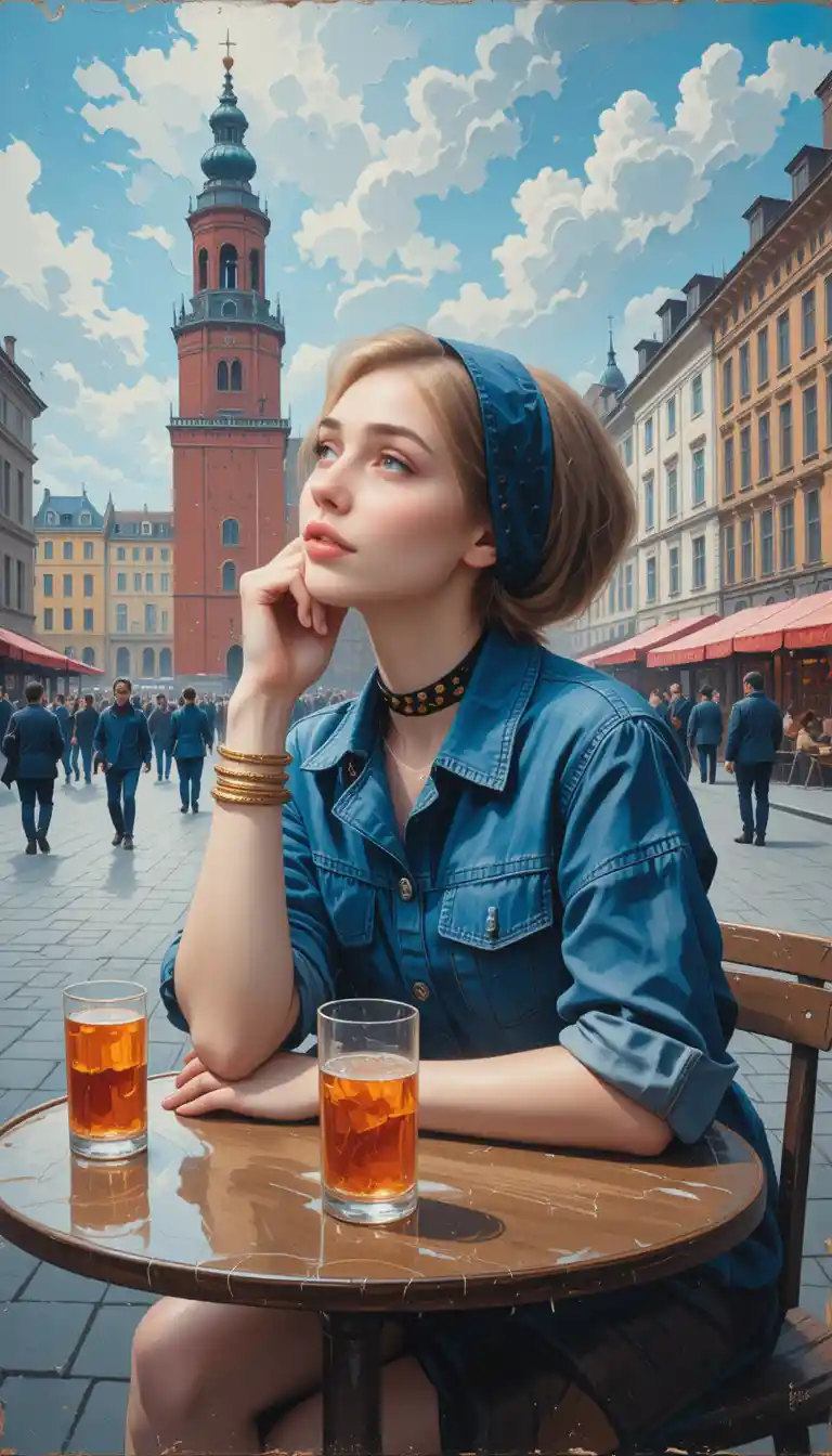 Nachdenkliches blondes Mädchen am Tisch auf einem belebten Stadtplatz