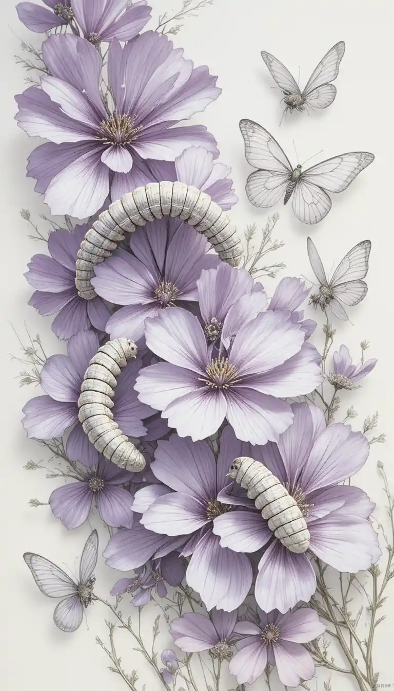 Borboletas transparentes e lagartas sobre flores lilás claras