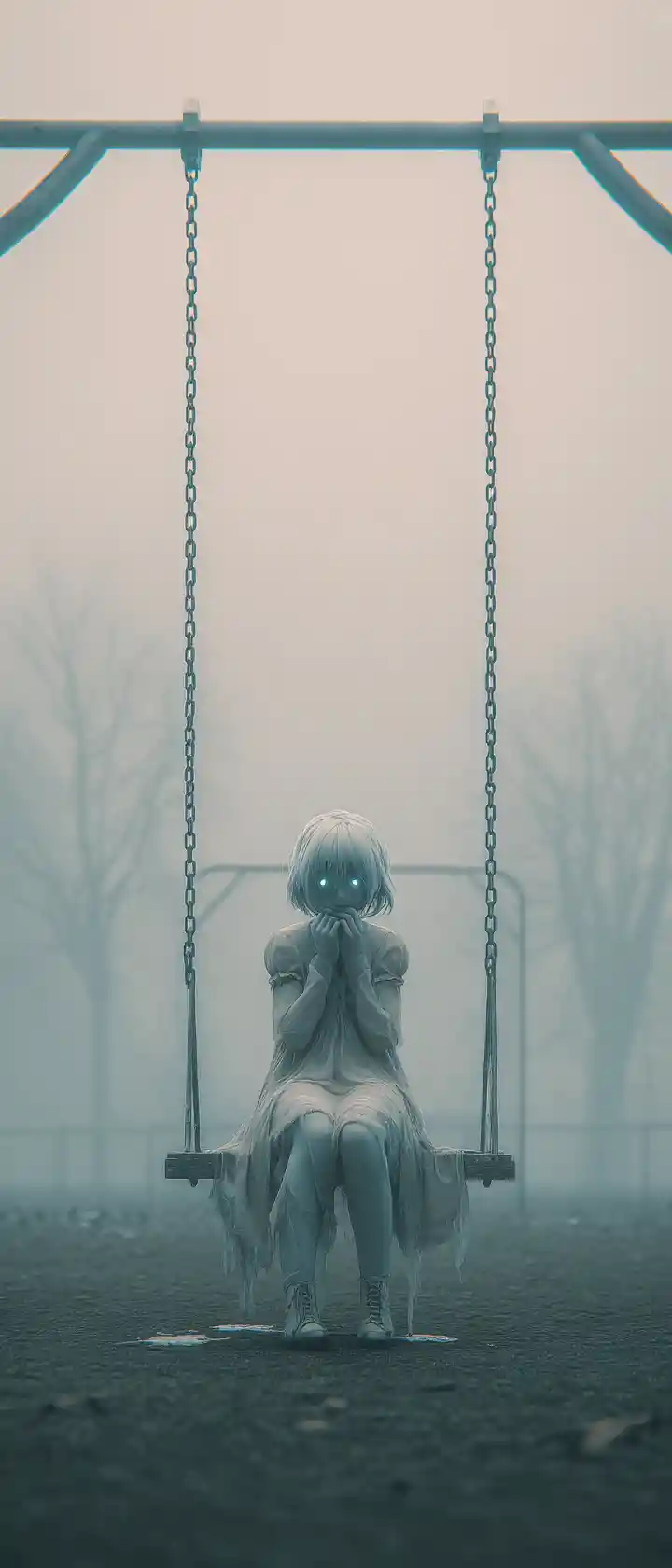 Ghost child on swing in foggy anime playground