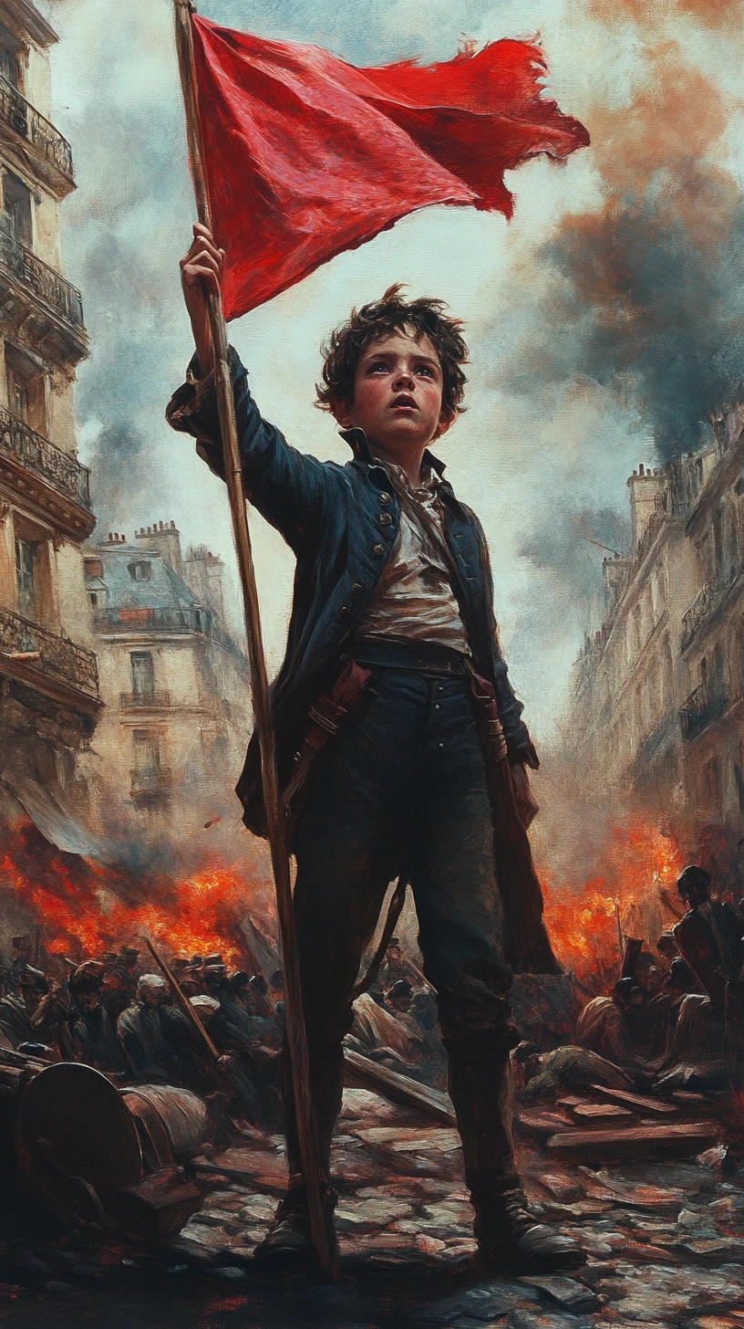 Defiant street boy raising a red flag on barricades