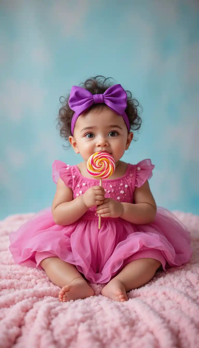 Baby girl with giant lollipop on pastel pink blanket