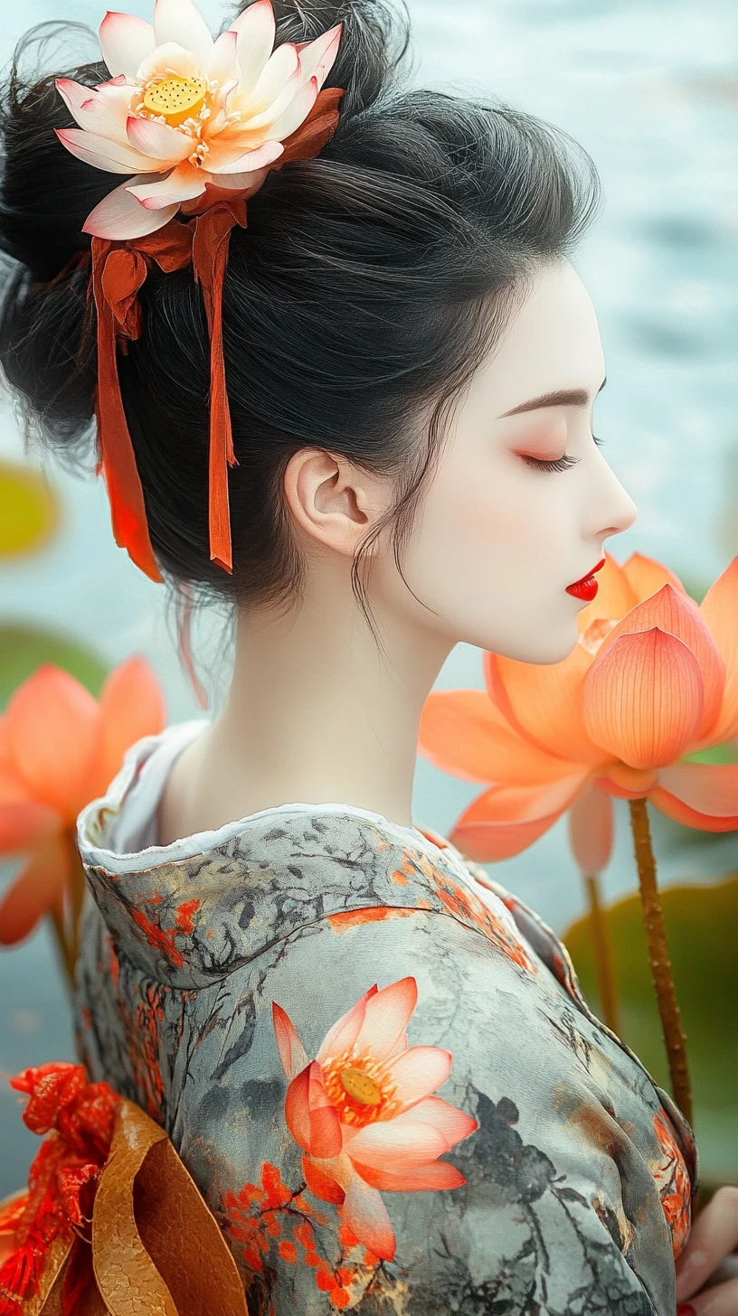 Mulher serena com flores de lótus em estilo aquarela suave