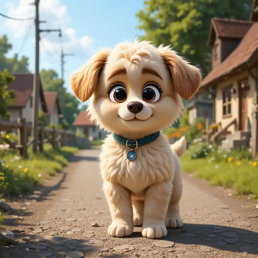 Adorable chiot tout doux dans une rue de village ensoleillée