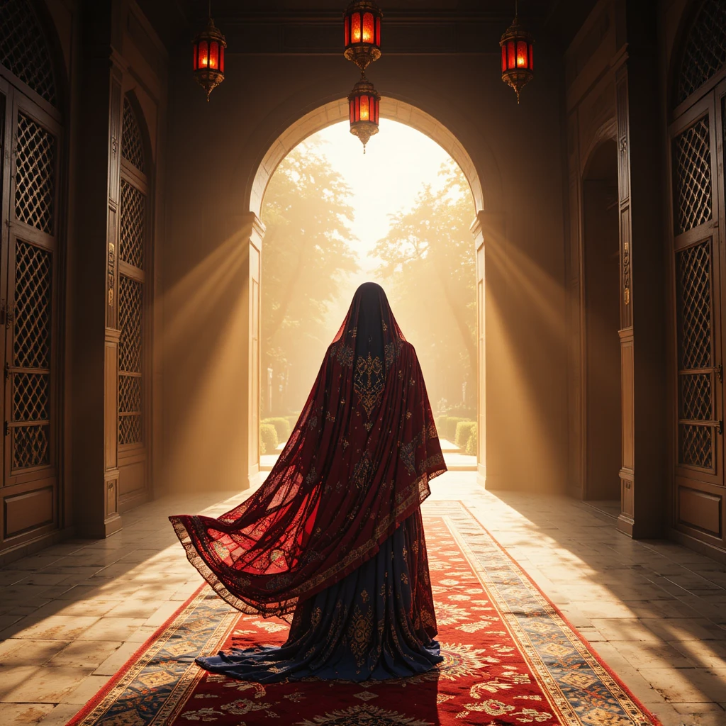 Woman in ornate shawl walking toward sunlit temple arch