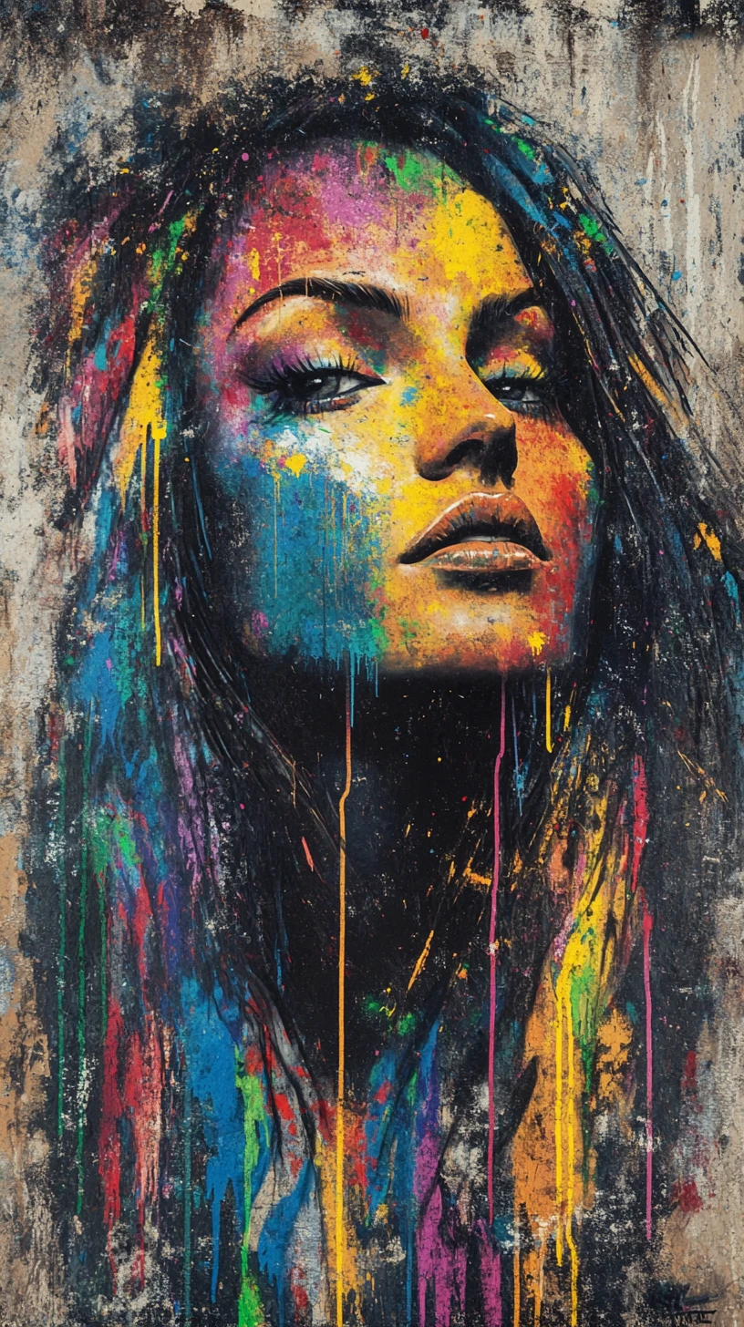 Retrato colorido de mulher em arte de rua em parede urbana