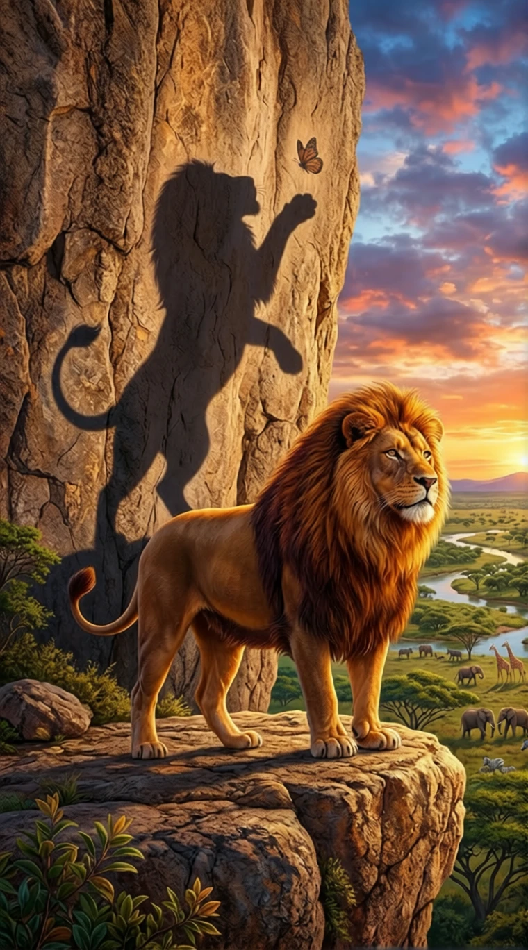 Leão majestoso em um penhasco banhado de sol acima da savana