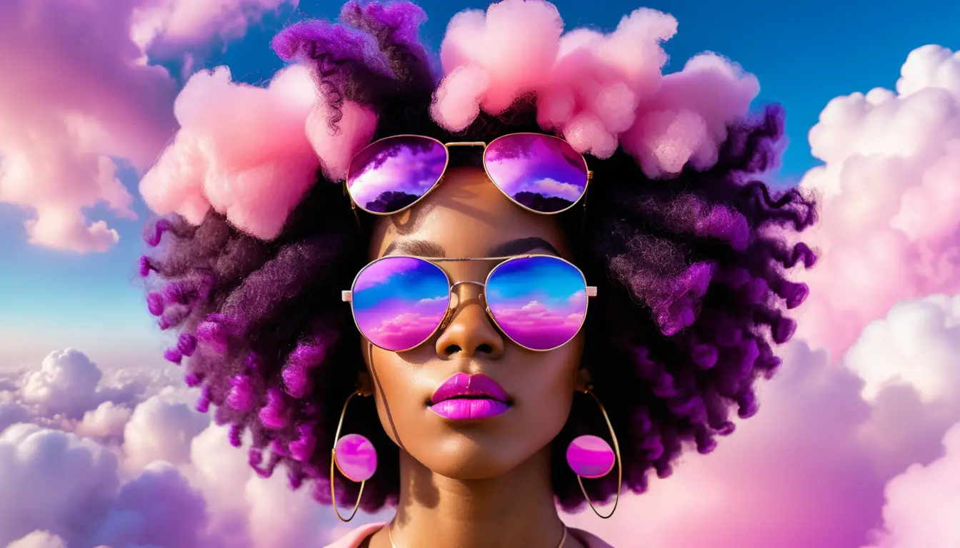 Femme noire dans des nuages pastel avec des lunettes de soleil audacieuses