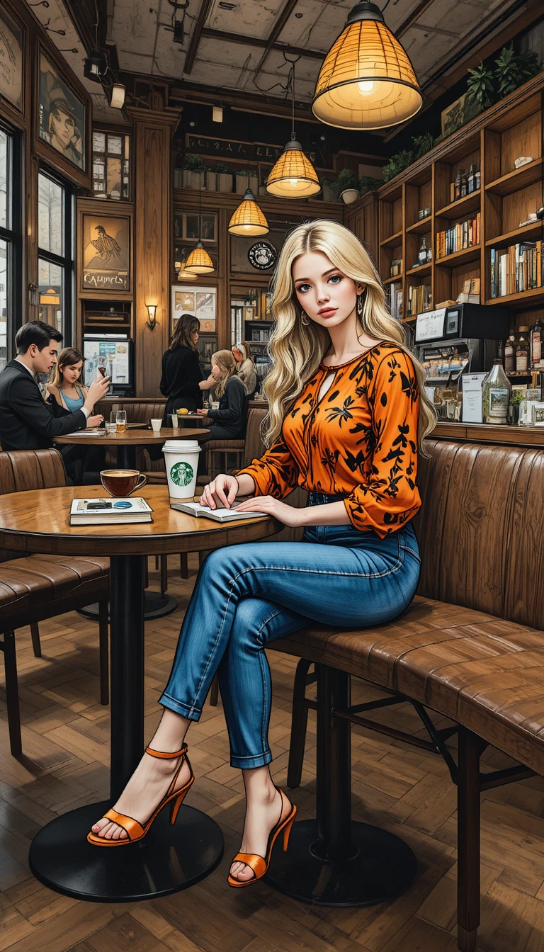 Blonde woman reading with coffee in a quiet Starbucks interior