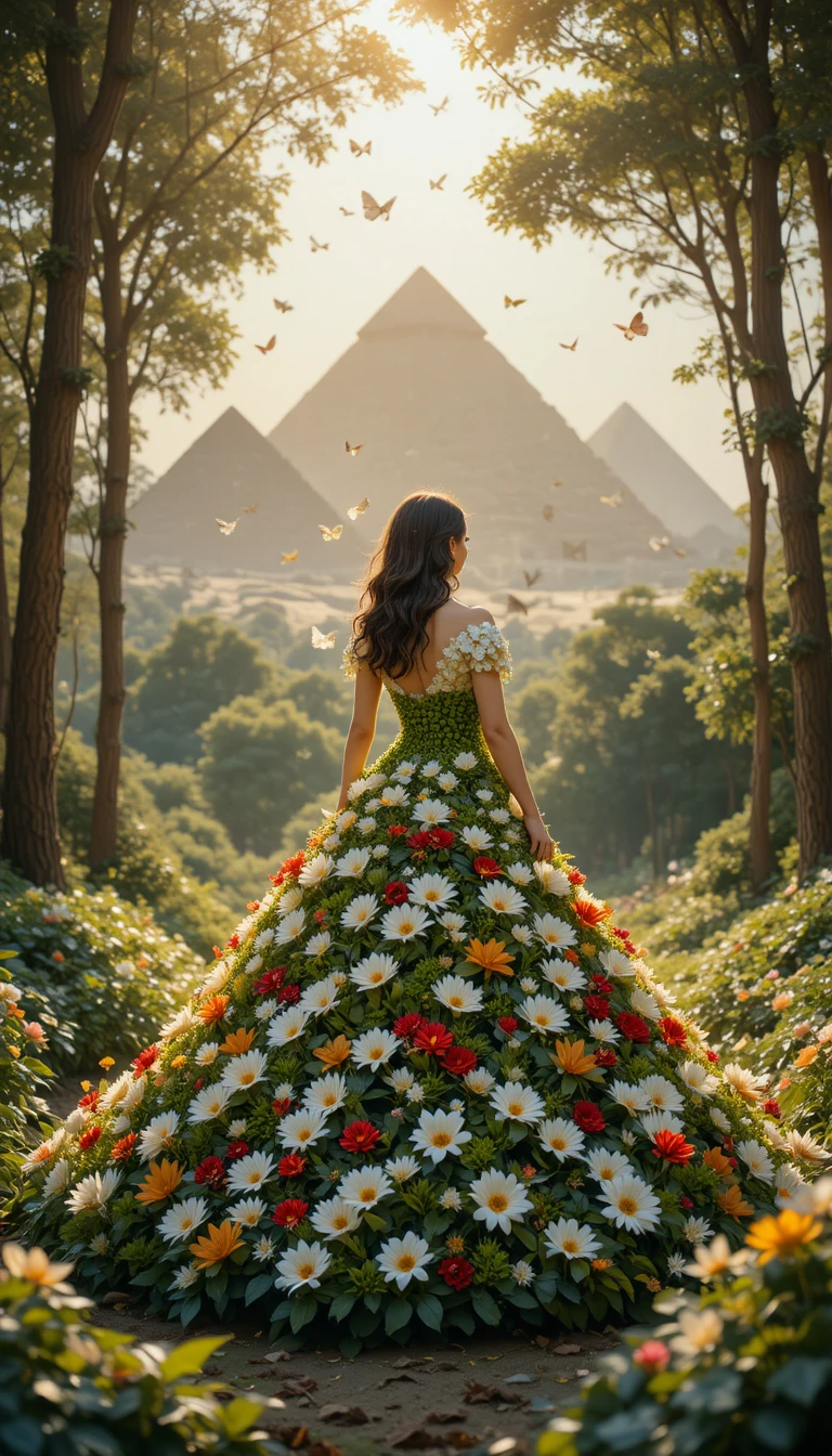 Mulher em vestido de flores em pé na floresta banhada pelo sol