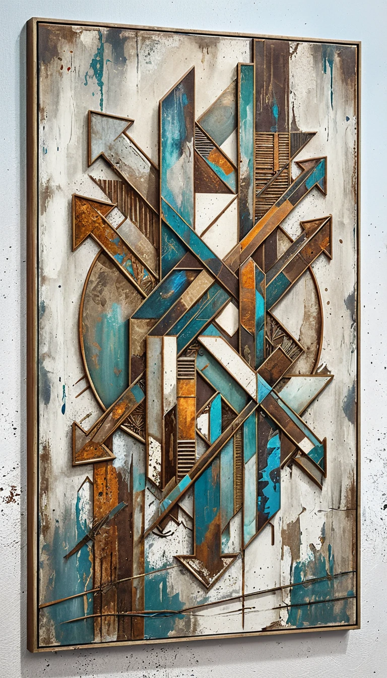 Symmetrical geometric mandala painting with metallic blue and rust tones