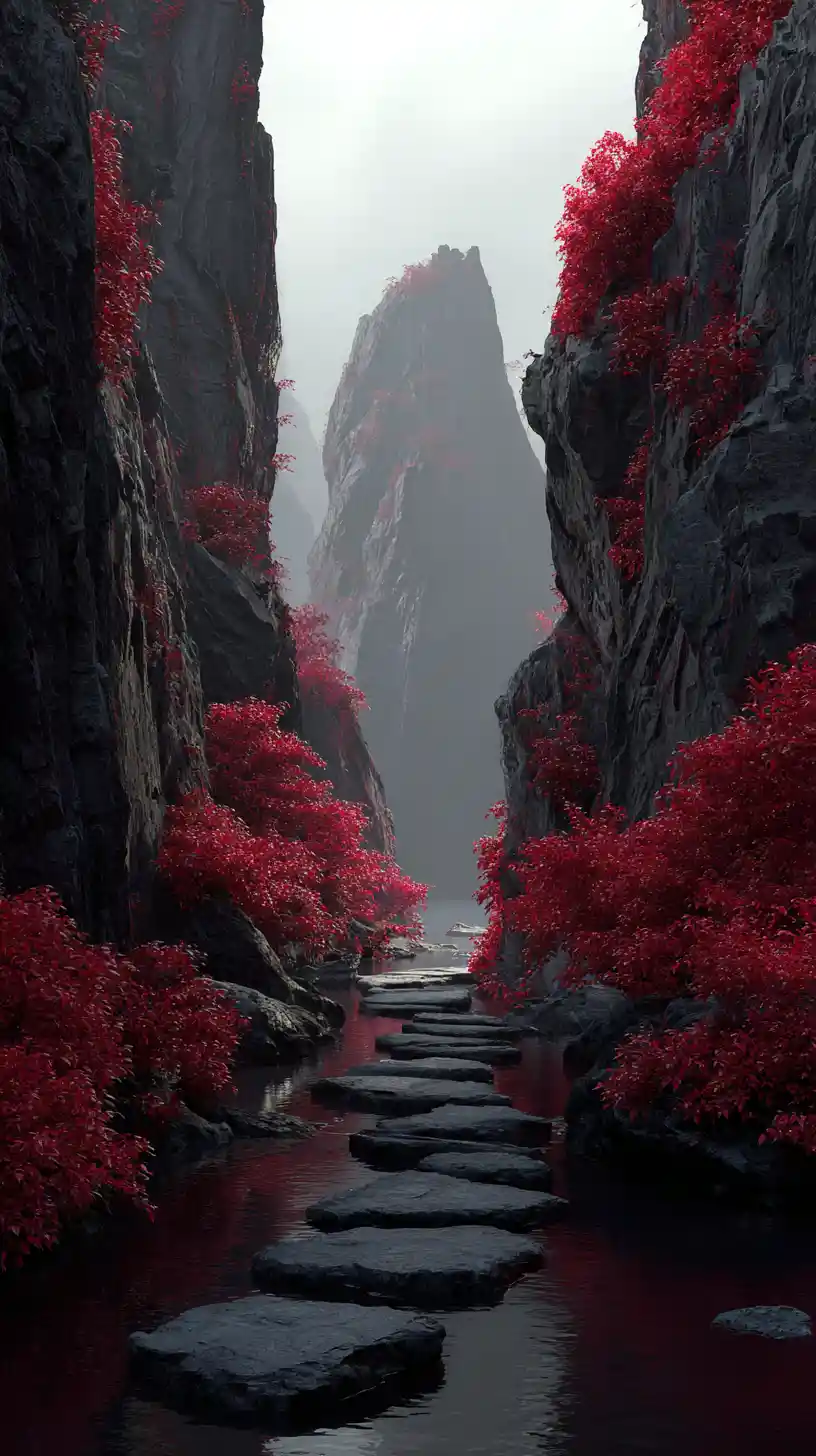 Canyon noir brumeux avec feuillage rouge et sentier de pierre