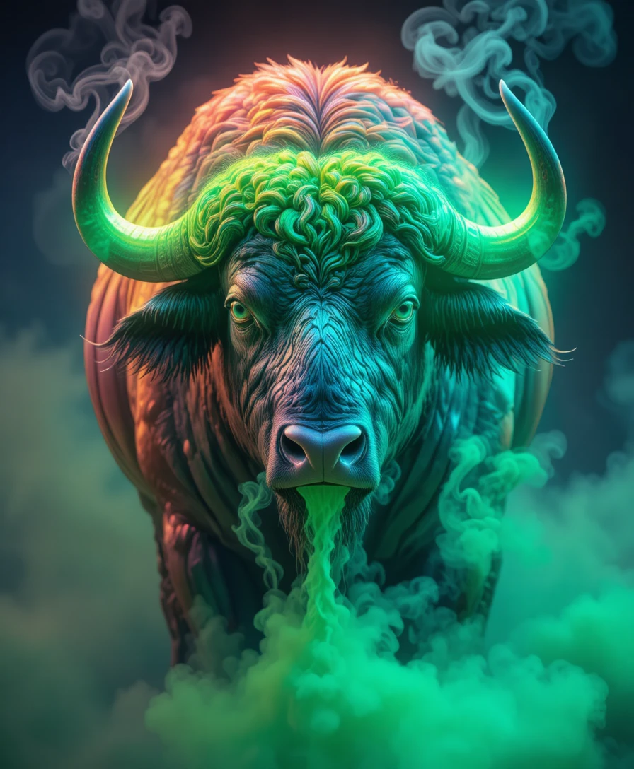Maestoso bufalo di fronte con corna luminose e fumo