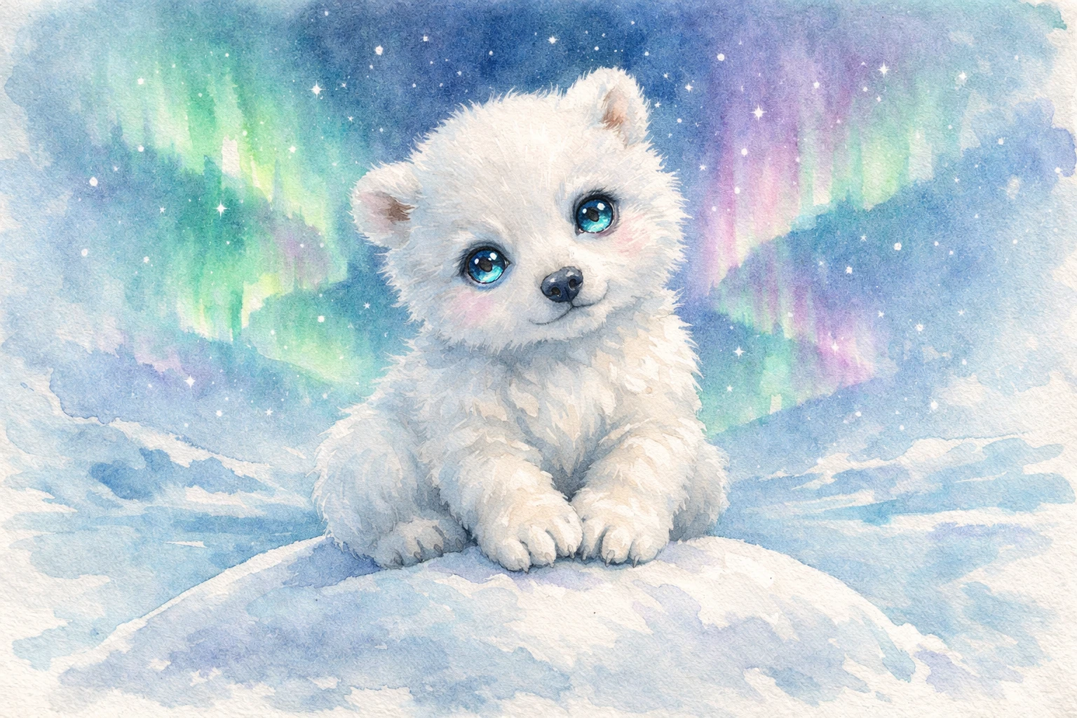 Filhote de urso-polar em aquarela sob um céu noturno ártico brilhante