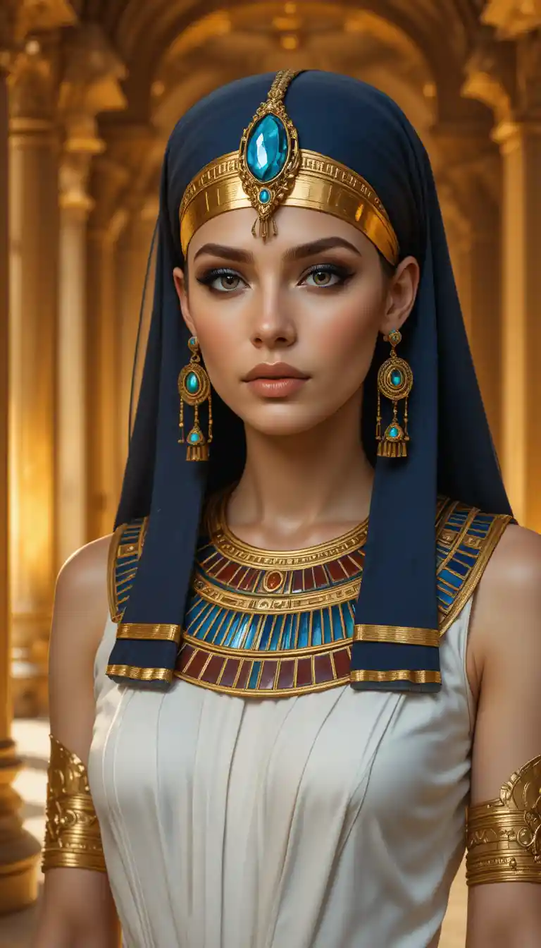 Regal Egyptian priestess in golden temple interior