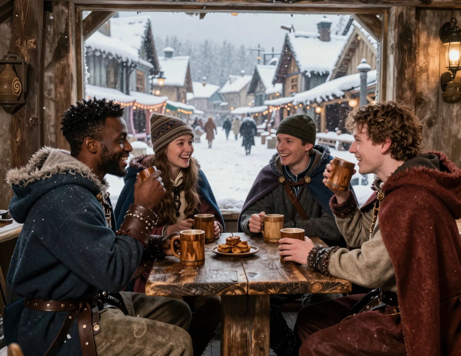 Freunde lachen in einer Fantasy-Taverne in einer verschneiten Nacht