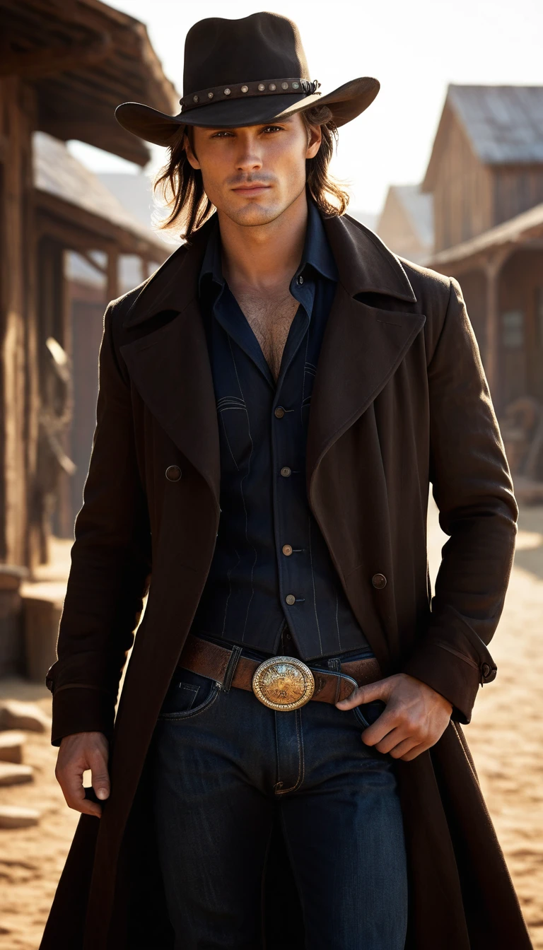 Retrato sedutor de cowboy à noite no velho oeste