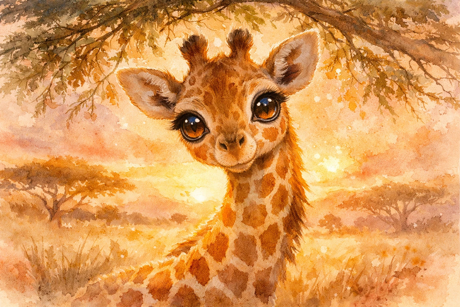Filhote de girafa sob galhos de acácias ao nascer do sol aquarela