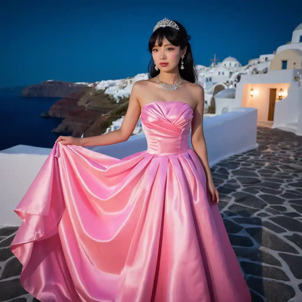 Elegant woman in neon pink satin gown at night
