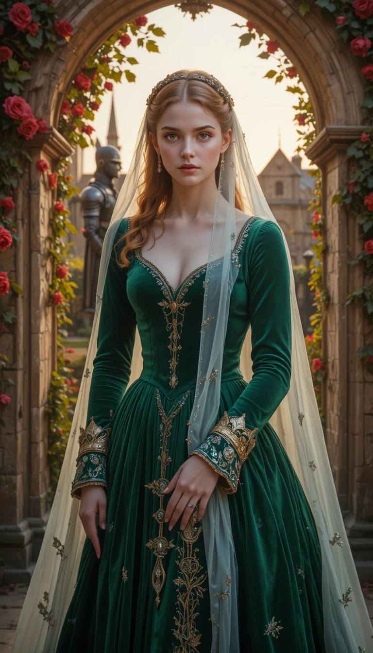 Queen in green velvet amid roses at dusk