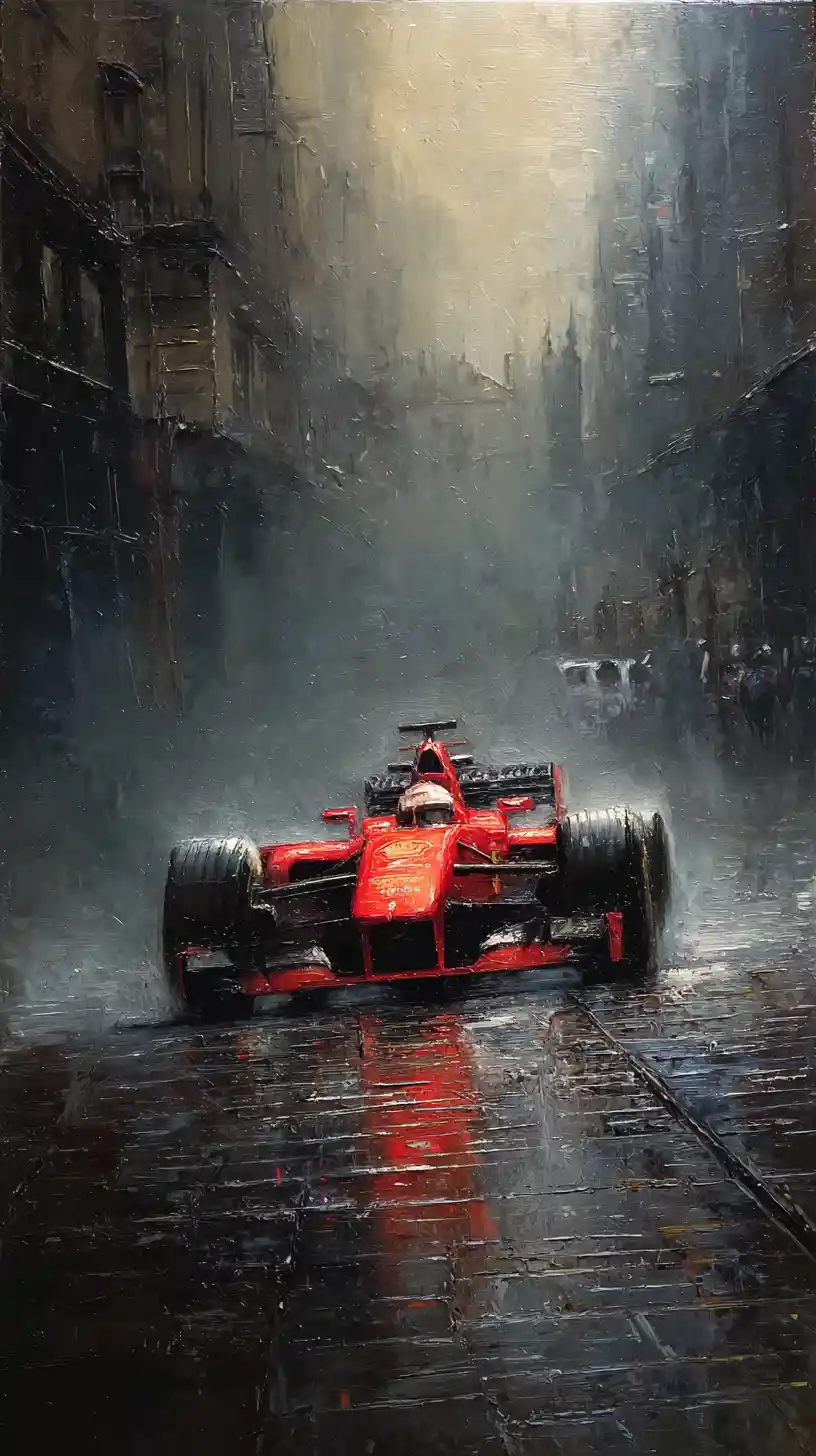 Monoposto di formula rosso in derapata su una strada di ciottoli bagnata
