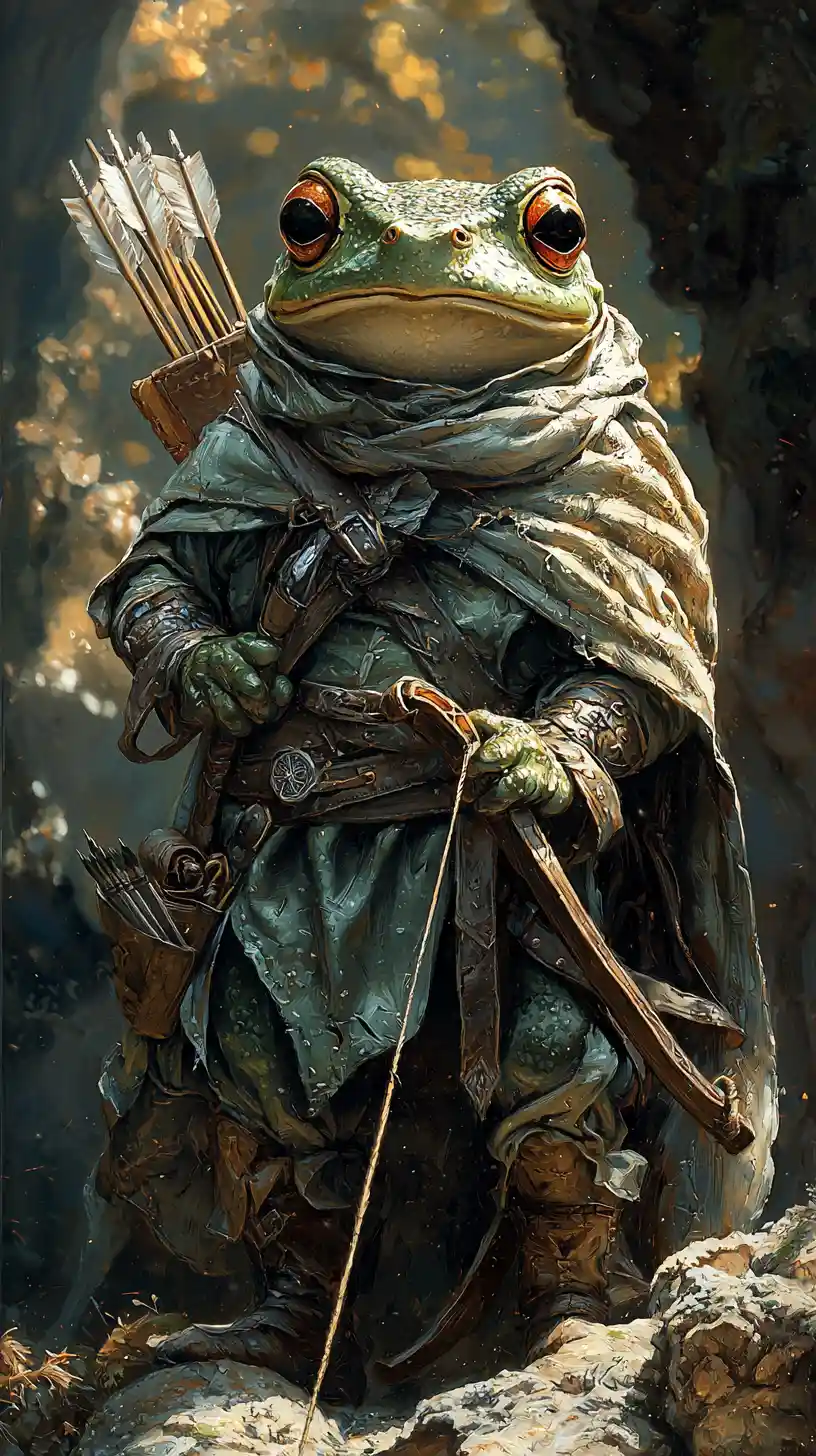 Heroic frog archer in a sunlit forest clearing