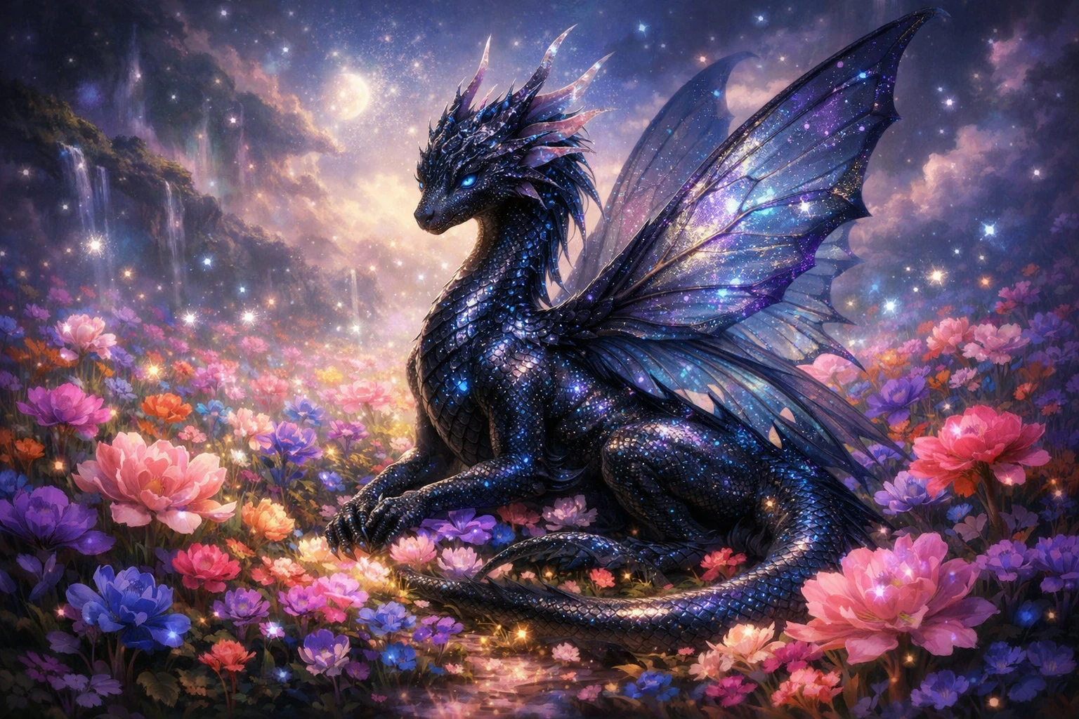 Drago fata sereno che riposa in un campo di fiori colorati