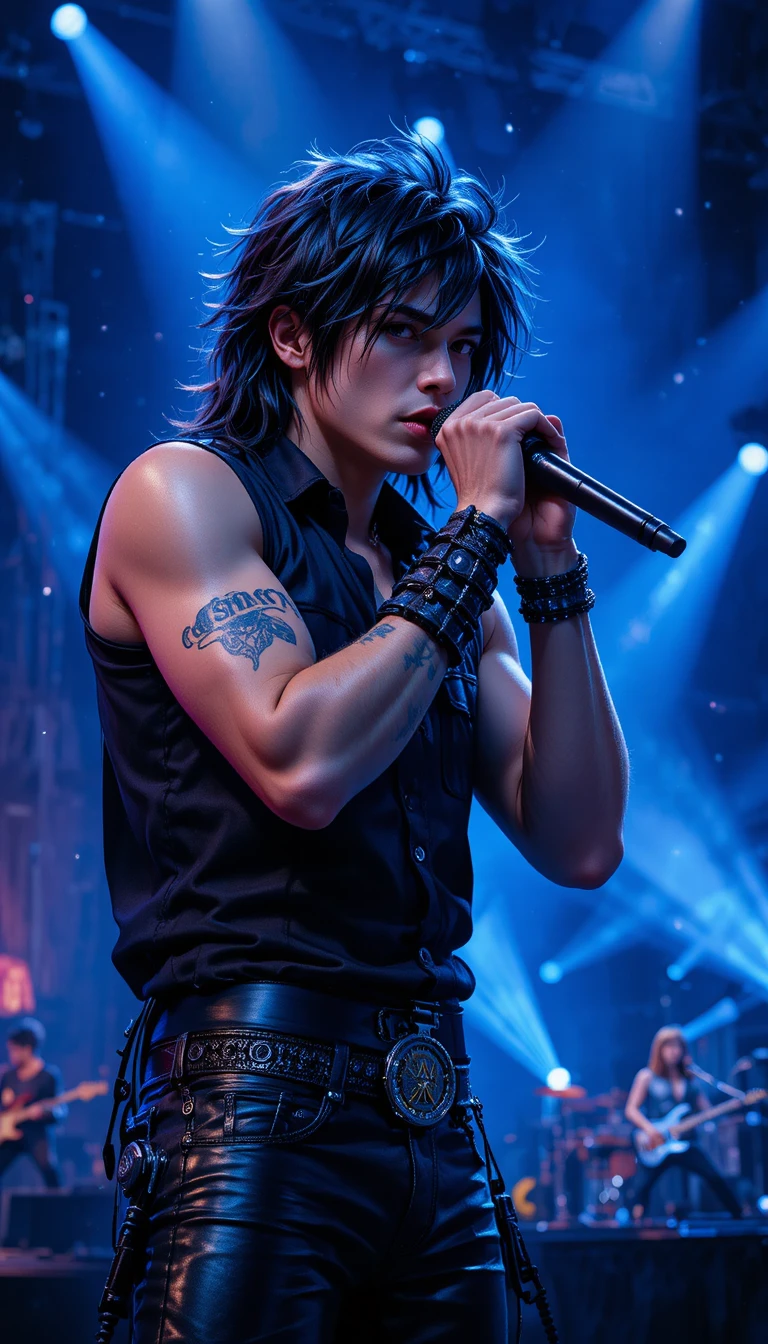 Young rock singer speaking into microphone on blue stage