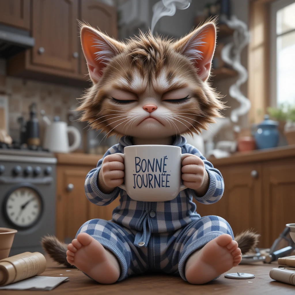 Gatinho 3D sonolento de pijama listrado segurando café quente
