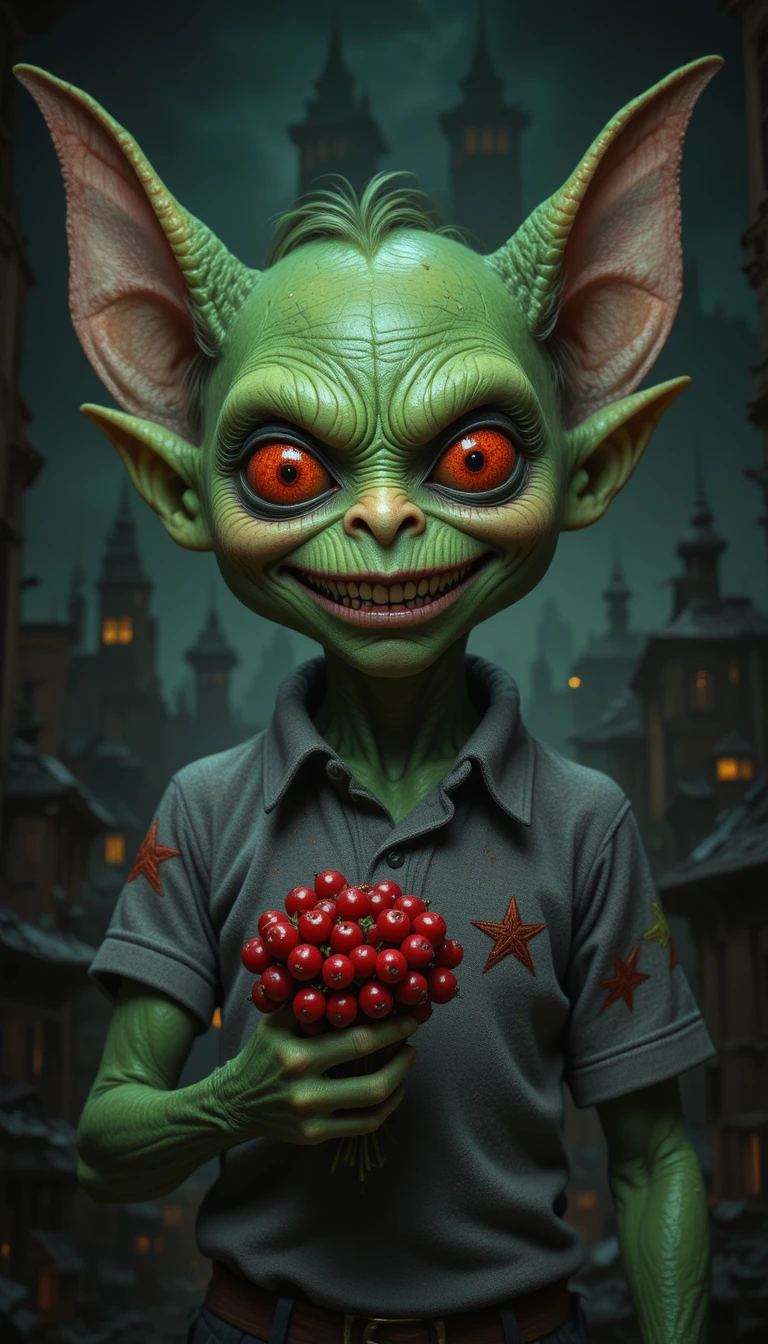 Duende verde assustador sorrindo diante de um cenário urbano sombrio