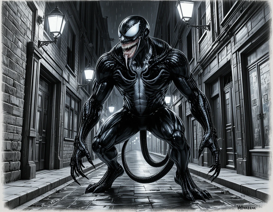 Monstro negro ameaçador em um beco urbano escuro à noite