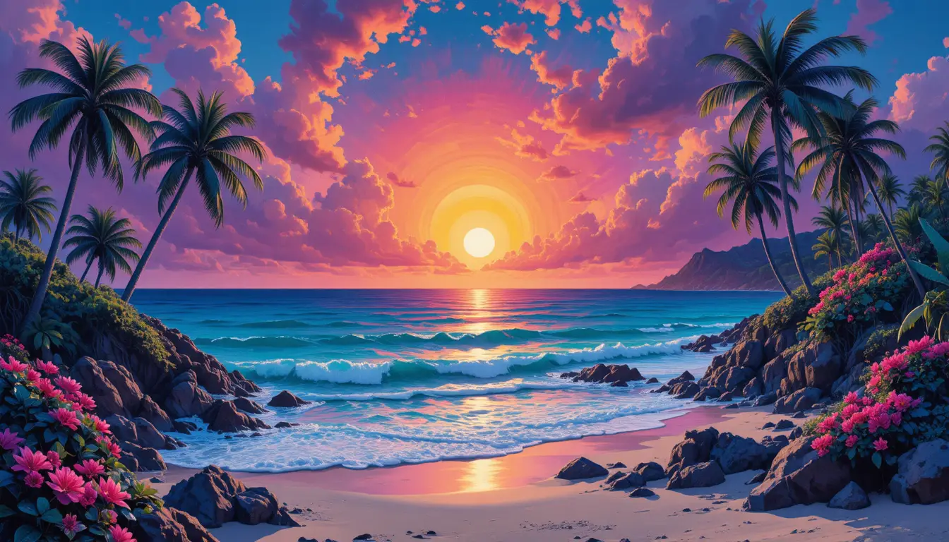 Plage tropicale synthwave néon sous un coucher de soleil dramatique