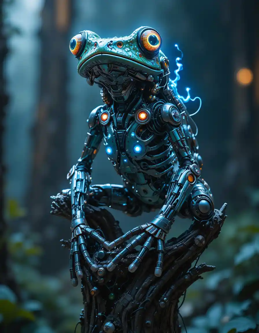 Rã-Arborícola Cibernética Neon em um Tronco Metálico