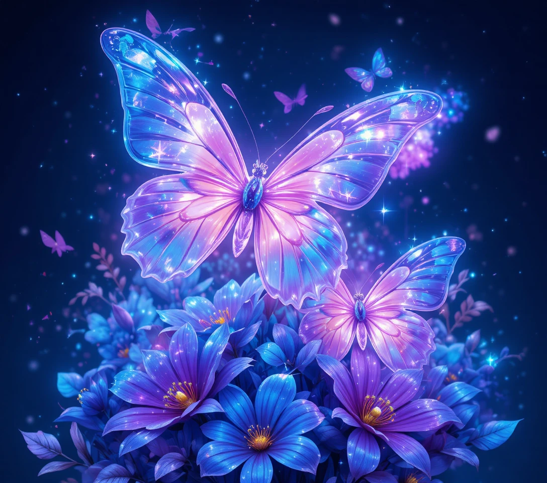 Glowing Butterflies Above Neon Blue And Purple Flowers