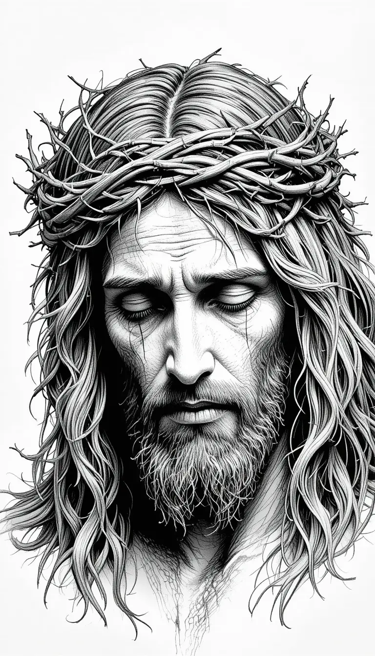 Portrait en noir et blanc de Jésus avec une couronne d’épines